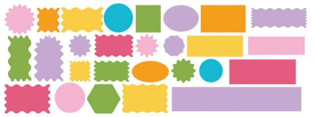 Set of colorful arch, rectangle and square, oval and circle shapes with scalloped edges. Cute basic geometric forms with curvy borders. Empty text boxes, tags or labels. Vector flat illustration.