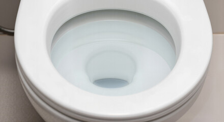 Close-up of modern toilet bowl with clean water in serene bathroom setting