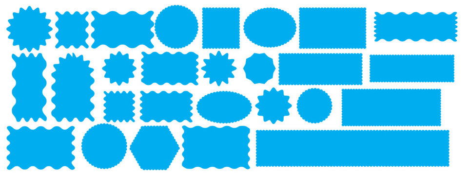 Set of colorful arch, rectangle and square, oval and circle shapes with scalloped edges. Cute basic geometric forms with curvy borders. Empty text boxes, tags or labels. Vector flat illustration.