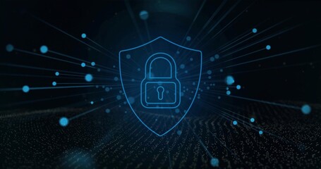 Glowing neon-blue shield showing padlock icon in digital network space, with radiating data streams