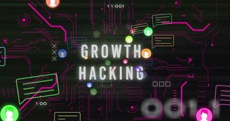 GROWTH HACKING text glowing on network, with neon circuits, avatars, chat bubbles, binary digits