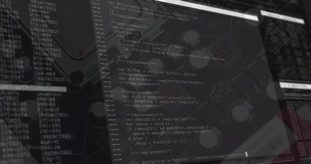 Overlaying code editor window displaying JavaScript code inside hardware with platters and circuits