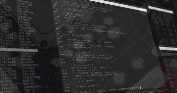 Overlaying code editor window displaying JavaScript code inside hardware with platters and circuits - Powered by Adobe