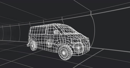 Wireframe passenger van traveling through curved tunnel grid, with tiled floor grid