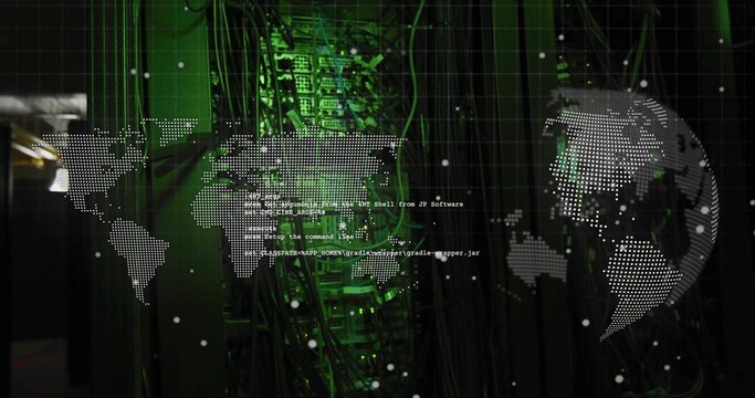 Server rack pulsing LED lights illuminating datacenter with command-line text and dotted world map