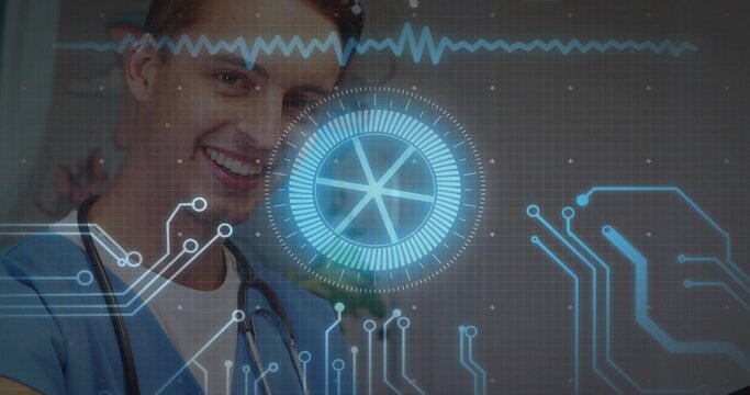 Smiling doctor in blue scrubs with stethoscope viewing digital interface in exam room, copy space - Powered by Adobe