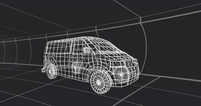 Wireframe passenger van traveling through curved tunnel grid, with tiled floor grid