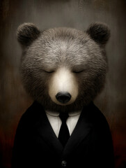 Meditative anthropomorphic brown bear in a formal black suit and tie with eyes closed, a moody digital painting representing solemnity, sleep, or contemplation