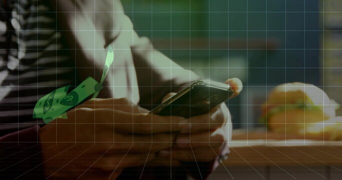 Tapping smartphone man wearing striped shirt at cafe counter, with burger and floating currency
