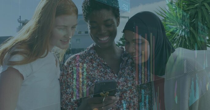 Three women examining smartphone data overlays in urban plaza, with colorful bar chart visuals