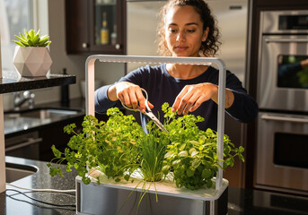 A woman harvesting fresh herbs from a modern indoor hydroponic garden in a kitchen.
