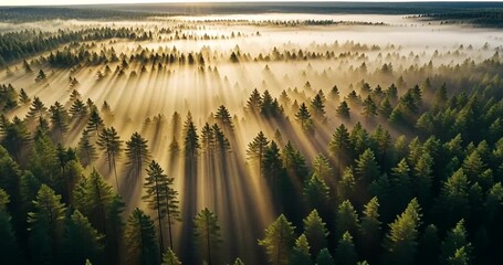 Aerial view of a misty forest at sunrise, showcasing sun rays filtering through tall trees