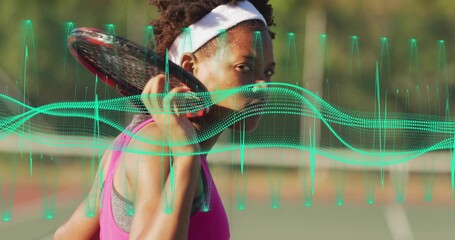 Holding racket, player wearing white headband sleeveless top on outdoor court with waveform overlay