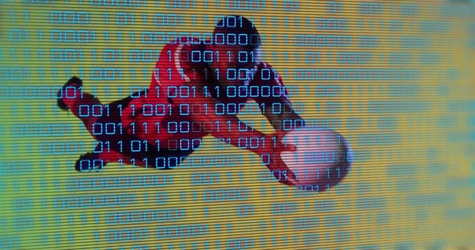 Dribbling male basketball player in red uniform moving on yellow court, with binary code overlay - Powered by Adobe