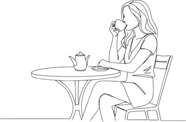 Continuous line drawing of a woman enjoying tea time at a cafe t