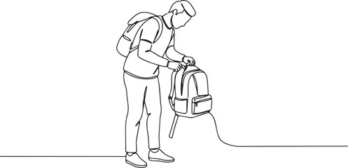 Minimalist line art illustration of a student packing backpack f