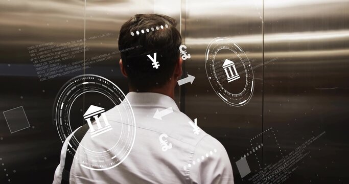 Standing man in white shirt bag at stainless steel elevator doors, with floating banking overlays - Powered by Adobe