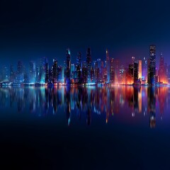 Fototapeta premium Colorful City Skyline at Night with Water Reflections cityscape urban Photo