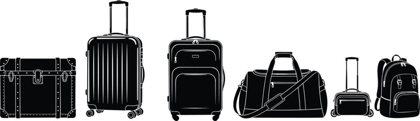 Luggage silhouettes, travel bags, rolling suitcase, duffel bag, vintage trunk, backpack, toiletry case, black icons, gear design, accessory layout