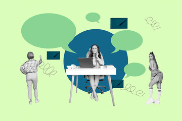 Collage of people chatting through devices with speech bubbles letters showing digital communication business private life concept