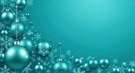 Vibrant teal christmas baubles and snowflakes adorn a teal background, perfect for a festive holiday announcement or seasonal promotion