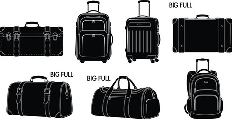 Travel bag silhouettes, duffel, suitcase, backpack, vintage trunk, rolling luggage, BIG FULL label, black icons, gear design, accessory layout © Hello World