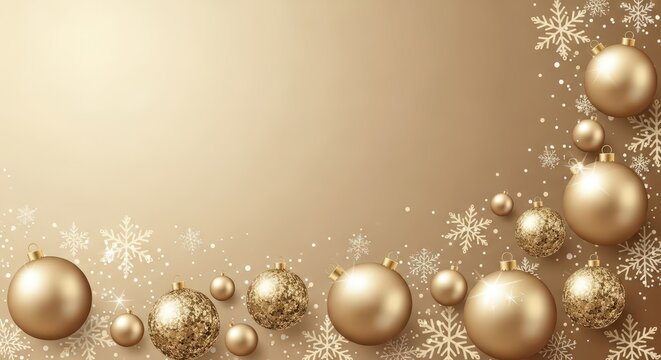 Elegant gold christmas baubles and snowflakes create a luxurious border on a warm gold background, ideal for upscale holiday marketing