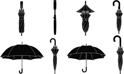 Umbrella silhouettes, closed and open styles, curved handles, dome shapes, fashion accessory, black icons, rain gear, weather protection © Hello World