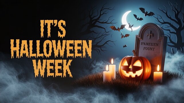 Haunted Graveyard Halloween Scene with Glowing Pumpkin, Bats & Full Moon – It’s Halloween Week Design