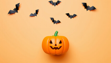 Happy Halloween festive decoration with a smiling pumpkin jack-o'-lantern and black bats flying on a vibrant orange background with copy space