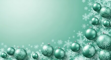 Festive teal christmas baubles and snowflakes adorn a soft teal background, creating a beautiful holiday border with copy space