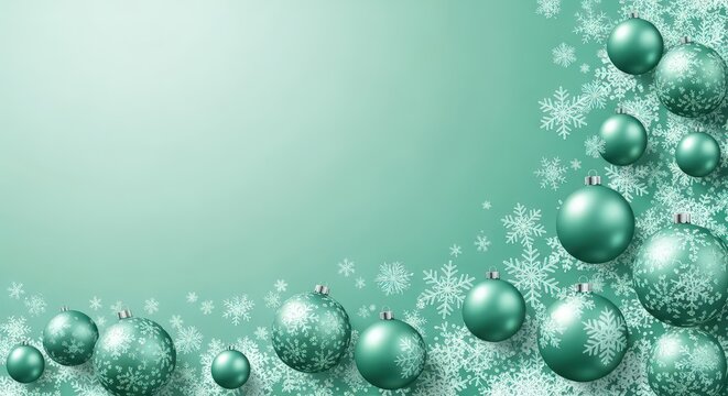 Festive teal christmas baubles and snowflakes adorn a soft teal background, creating a beautiful holiday border with copy space
