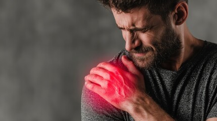 Close Up of a Man Holding Sore Shoulder. Isolated.
