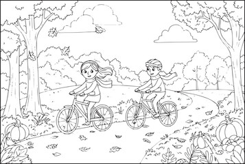 Charming autumn scene of couple biking through a park illustrati
