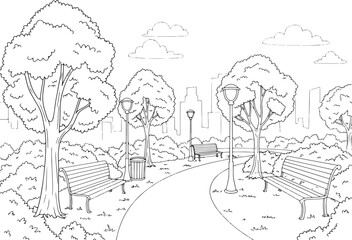 Fototapeta premium Tranquil city park outline illustration with trees, benches and