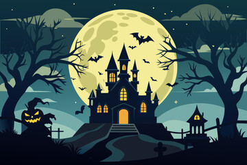 Haunted Castle on Hill Silhouetted Against Full Moon with Bats, Twisted Tree, and Cloudy Night Sky – Spooky Halloween Illustration