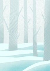 A background of bare winter trees and snow-covered fields