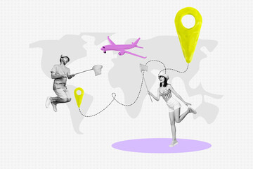 Banner artwork image poster 3d banner collage of two happy girl guy stand net geolocation map aircraft summer journey plane flight