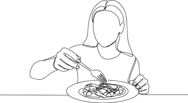 Continuous Line Illustration of Woman Enjoying a Shrimp Dish Mea