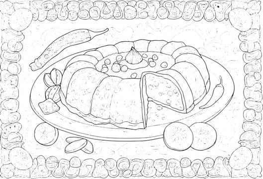 Detailed line art illustration of mauritian gateau pim, adorned