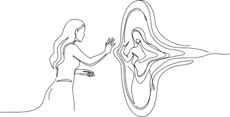 Continuous line drawing of a woman reaching out to her reflectio