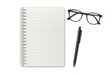 Lined notebook, pen, and glasses on transparent background