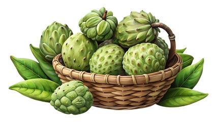 Obraz premium A basket overflowing with vibrant green custard apples nestled amongst large green leaves
