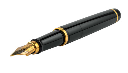 Naklejka premium Gleaming black fountain pen with gold accents against a stark black background