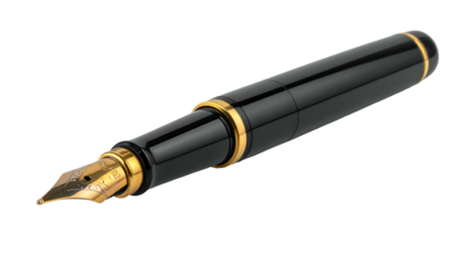 Gleaming black fountain pen with gold accents against a stark black background