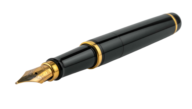 Gleaming black fountain pen with gold accents against a stark black background
