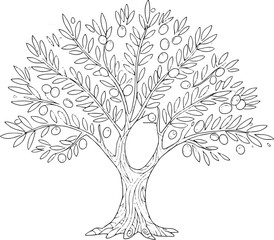 Stylized olive tree illustration with intricate branch and fruit