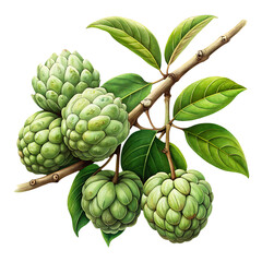 Fototapeta premium An illustration of Sugar Apples Annona squamosa on a branch with leaves