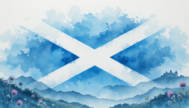Watercolor illustration Grunge painted Scotland flag in beautiful landscape. Template for invitation, poster, flyer, banner. Abstract watercolor splashes flag of Scotland. Saint Andrew day concept