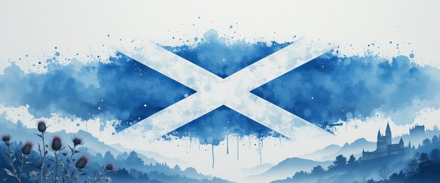 Watercolor illustration Grunge painted Scotland flag in beautiful landscape. Template for invitation, poster, flyer, banner. Abstract watercolor splashes flag of Scotland. Saint Andrew day concept